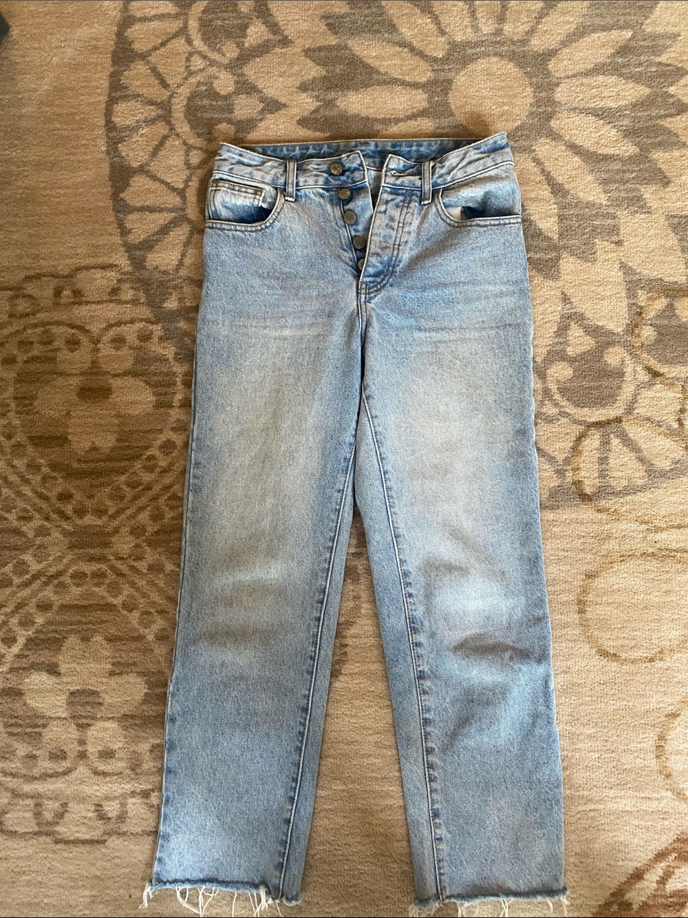 High-Rise Button-Fly Straight Leg Jeans - Light Wash Blue